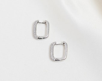 Chunky Hoop Earrings | Hoop Crystal Earrings | Drop Earrings | Geometric Earrings | Silver Minimalist Earrings | Rectangular Silver Earrings