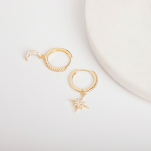Gold Crystal Moon Star Dangle Earrings | Celestial Earrings | Star And Moon Earrings | Crystal Hoop Earring | Vintage Style | Gift For Her