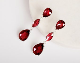 Drop Earrings | Ruby Earrings | Red Crystal Earrings | Dangling Earrings | Silver | Red Tier Earrings | Bridal Earrings