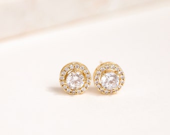 Push Back Studs, Gold Stud Earrings, Cubic Zirconia Stud Earring, Ear Piercing Studs, Wedding Earrings, Brilliant Cut Cz Earrings