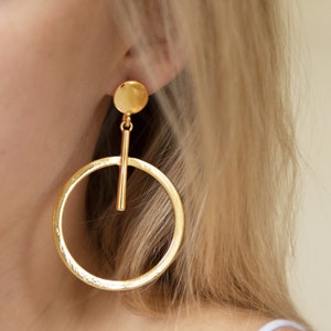 Gold Hoop Earrings, Gold 7cm Hoops With Charm, Gold Drop Earrings, Gold Dangle Bar Earrings, Everyday Earrings And Gift For Her