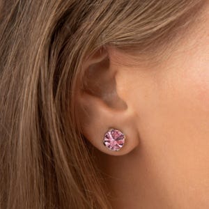 Pink Swarovski Crystal Stud Earrings: Dainty Silver 8mm Studs