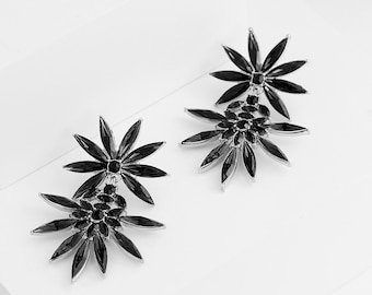 Black Earrings, Black Crystal Gemstone Star Style Earrings, Unique Long Drop Luxury Statement Earrings-Large