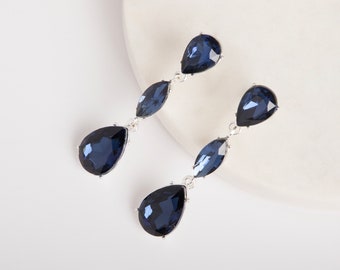 Drop Earrings | Navy Earrings | Blue Crystal Earrings | Dangling Earrings | Silver | Teardrop Earrings | Bridal Earrings
