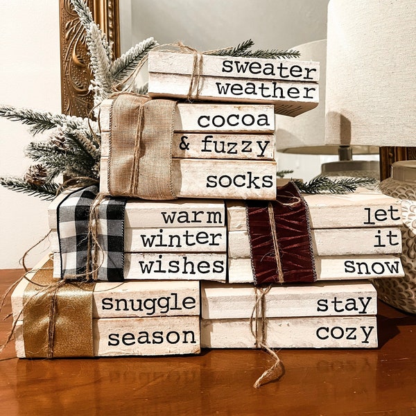 Winter Book Decor | Stamped Books | Stacked Books Decor | Farmhouse Decor | Farmhouse Books | Winter 2023 | Gift | Mid-Century Modern | Home