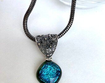 Sparkly Blue necklace, Teal-Green/Blue necklace, Fused glass necklace with chain , free shipping