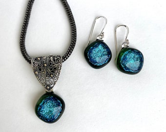 Sparkly Blue necklace & earrings Set, Teal-Green/Blue necklace, Fused glass earrings and necklace with chain , free shipping