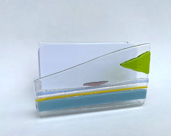 Business Card Holder, one of a kind creation, Blue, Green & Yellow on Clear. Glass Card Holder for desk, office gift, secretary day gift
