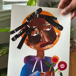 May include: A collage art piece featuring a person with brown skin, black hair, and a purple hoodie. The person is holding a bouquet of red and orange flowers.