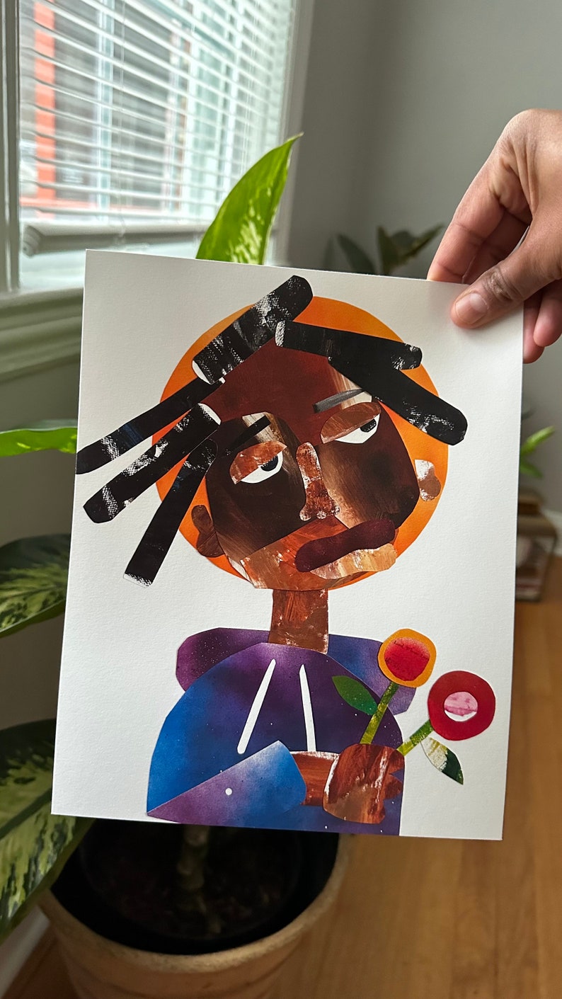 May include: A collage art piece featuring a person with brown skin, black hair, and a purple hoodie. The person is holding a bouquet of red and orange flowers.
