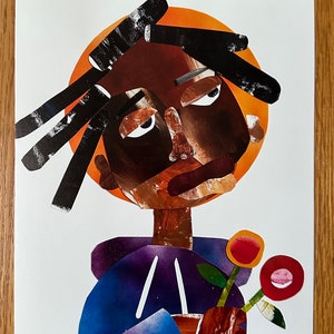 May include: A collage artwork of a person with a dark brown face, black hair, and a purple shirt holding a flower with red and pink petals. The background is white.