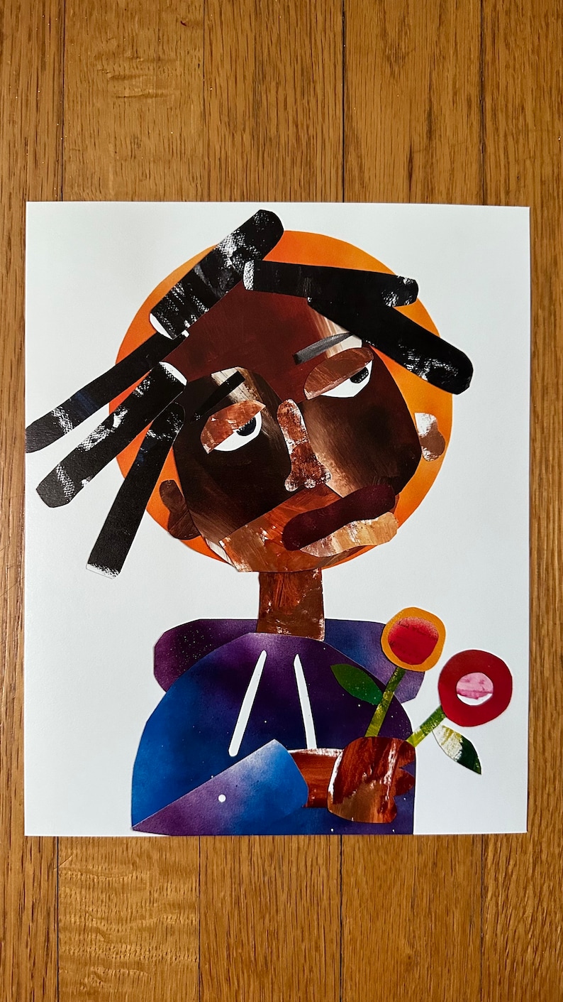 May include: A collage artwork of a person with a dark brown face, black hair, and a purple shirt holding a flower with red and pink petals. The background is white.