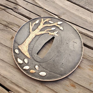 Tsuba Japanese Katana Sword Guard Autumn Haiku Inlay