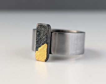 Hand geschmiedet Damast Stahl 24k Goldfolie Statement Ring