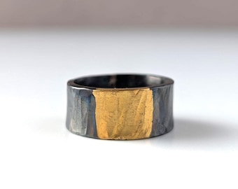 Gehämmert Hand geschmiedet Stahl Bold 24k Goldfolie Statement Ring