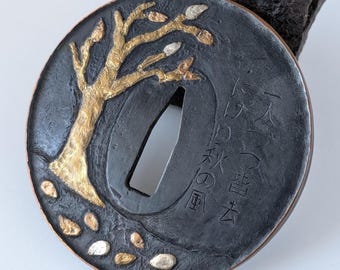 Tsuba Japanischer Katana Schwertschutz Herbst Haiku Inlay
