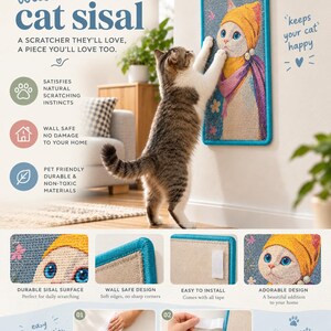 May include: A rectangular wall-mounted cat sisal scratcher featuring a colorful illustration of a cat wearing a yellow hat and purple scarf. The scratcher has a bright blue border and includes adhesive tape for installation on walls.
