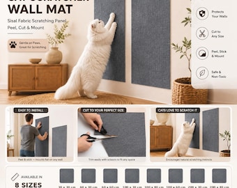 Könnte beinhalten: Eine graue Sisal-Kratzmatte für Katzen zur Wandmontage mit Abzieh-, Schneide- und Befestigungsfunktion. Das Paneel ist 4 mm dick und in acht Größen von 30 x 30 cm bis 200 x 40 cm erhältlich. Die Matte ist schonend zu den Pfoten und ungiftig.