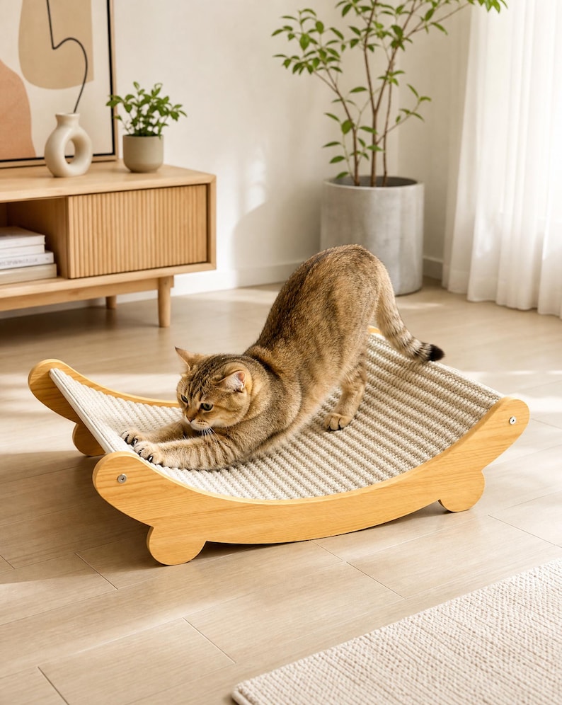 K&ouml;nnte beinhalten: Eine Katze dehnt sich auf einem Kratzbaum aus Holz. Der Kratzbaum hat ein gebogenes, schaukelndes Design mit einer gewebten, gestreiften Kratzfl&auml;che. Der Holzrahmen ist hell und die Katze hat braunes und beiges Fell.