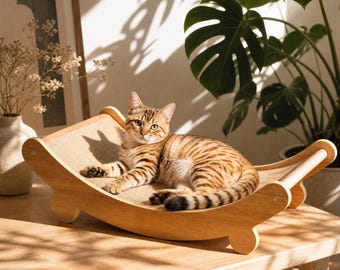 Cat Scratcher Sisal Ramp, Wooden Cat Scratch Board, Modern Cat Furniture, Curved Scratching Pad, Minimalist Pet Accessory