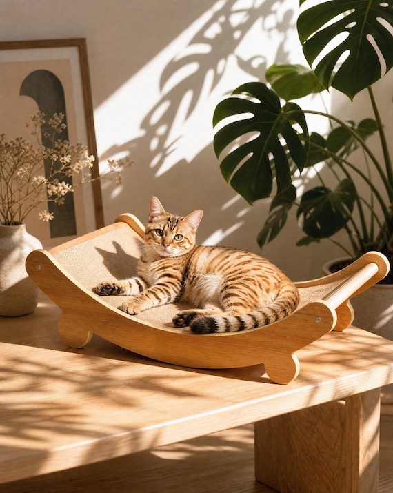 Cat Scratcher Sisal Ramp, Wooden Cat Scratch Board, Modern Cat Furniture, Curved Scratching Pad, Minimalist Pet Accessory