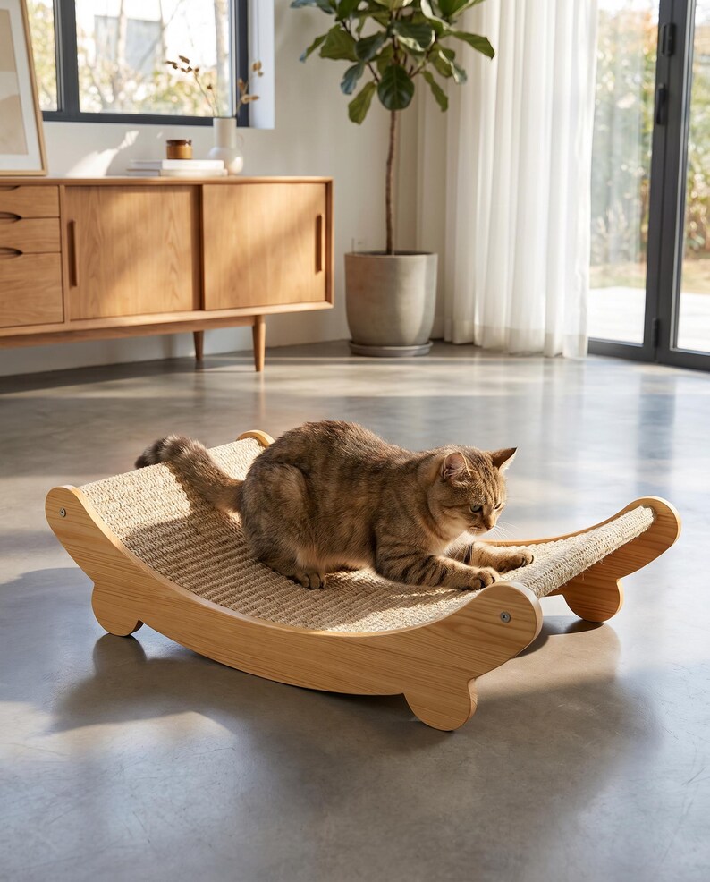 K&ouml;nnte beinhalten: Eine hellbraune getigerte Katze liegt auf einem Kratzbaum aus Holz. Der Kratzbaum hat ein geschwungenes, schaukelndes Design mit einer gewebten Sisal-Kratzfl&auml;che. Der Rahmen besteht aus hellem Holz.