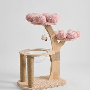 Modern Cat Tree with Acrylic Bowl, Pink Beige Cat Tower, Cloud Cat Bed, Aesthetic Cat Furniture, Sisal Scratching Post, Cat Condo