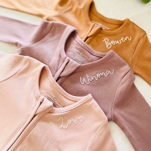 PERSONALIZED HAND EMBROIDERED Baby Footed Sleeper Gift Colored Organics® Infant Zipper Romper New Baby Pajamas Baby Shower Gift image 1