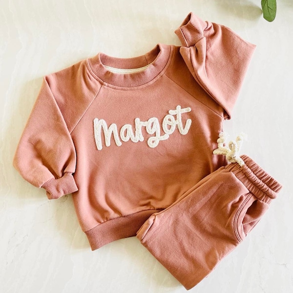CUSTOM KIDS SWEATSUIT - Baby/Toddler Personalized Felt Name Embroidered Matching Set, Organic Cotton Sweatpants & Sweatshirt, Jogger Set