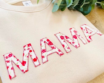 MAMA EMBROIDERED SWEATSHIRT - Floral Applique Mama Crewneck - Custom Personalized Mama Sweatshirt - Gift for Mom - Beige Tan Pullover