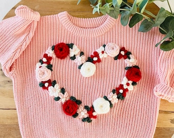 VALENTINES EMBROIDERED SWEATER - Custom Floral Heart Valentines Sweater - Oversized Chunky Baby Toddler Kids Knit -  Valentines Gift