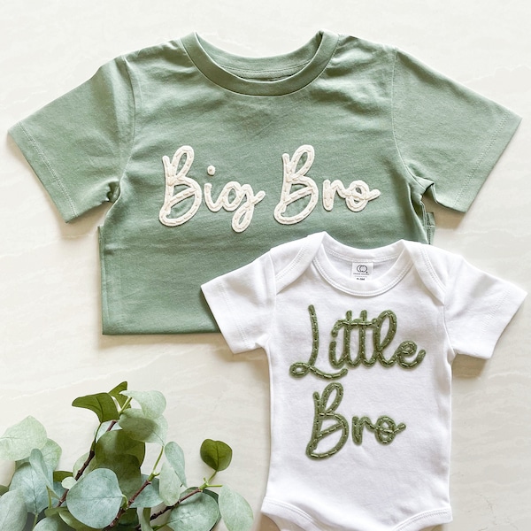 SIBLING MATCHING OUTFIT - Big Bro Tee - Little Bro Onesie® - Hand Embroidered - Personalized Sibling Shirts - Baby Announcement