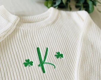 TODDLER ST PATRICKS Day Sweater - Custom St Patricks Shamrock Baby Name Knit Sweater - Oversized Chunky Personalized Kids Knit