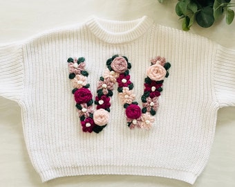 CUSTOM FLORAL INITIAL Sweater - Hand Embroidered Chunky Knit Baby Sweater - Personalized Initial Sweater - Milestone Monogram Baby Pullover