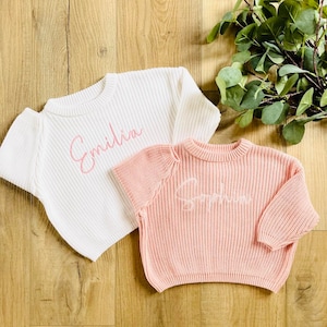 PERSONALIZED EMBROIDERED SWEATER Custom Baby Name Sweater Oversized Chunky Kids Sweatshirt Baby Announcement Baby Shower Gift image 6