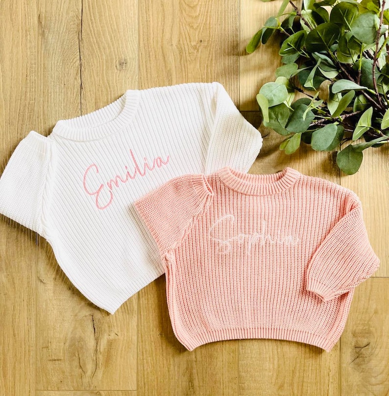 PERSONALIZED EMBROIDERED SWEATER Custom Baby Name Sweater Oversized Chunky Kids Sweatshirt Baby Announcement Baby Shower Gift image 6