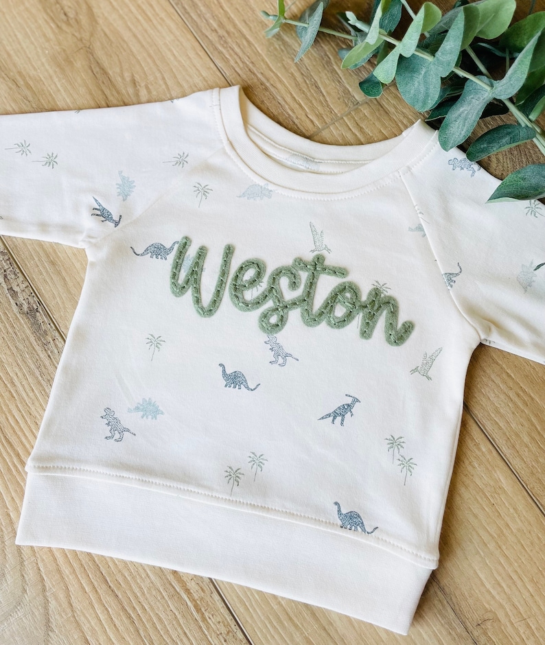 KID'S DINO SWEATER Custom Hand Embroidered Felt Name Sweatshirt Baby and Toddler Personalized Dinosaur Shirt Custom Name Clothing image 1