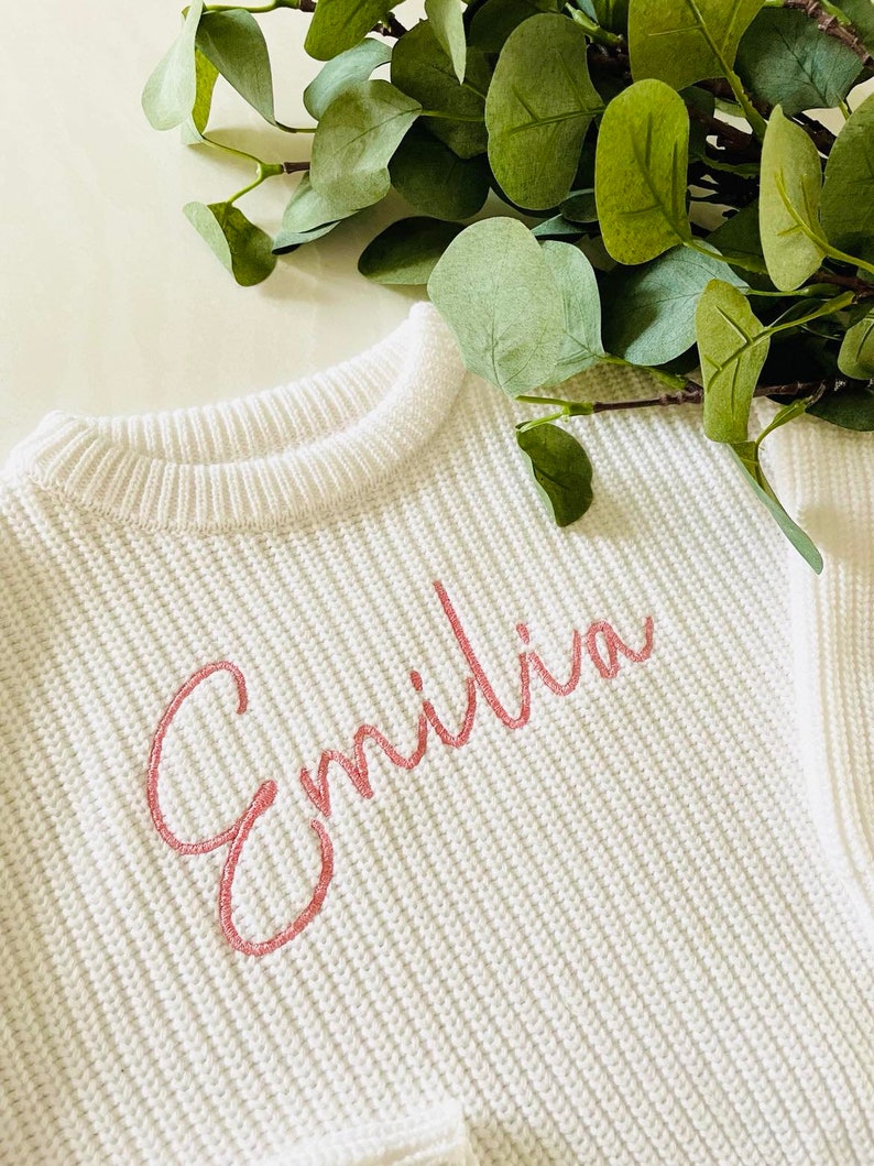 PERSONALIZED EMBROIDERED SWEATER Custom Baby Name Sweater Oversized Chunky Kids Sweatshirt Baby Announcement Baby Shower Gift image 7