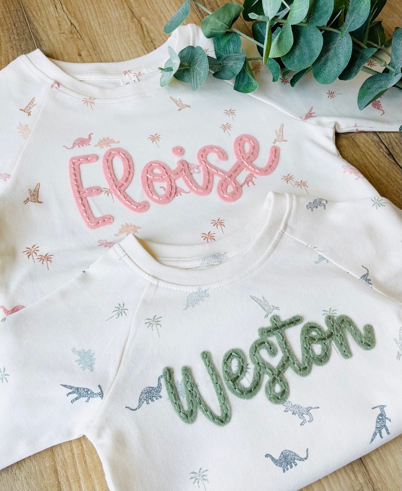 KID'S DINO SWEATER Custom Hand Embroidered Felt Name Sweatshirt Baby and Toddler Personalized Dinosaur Shirt Custom Name Clothing image 4