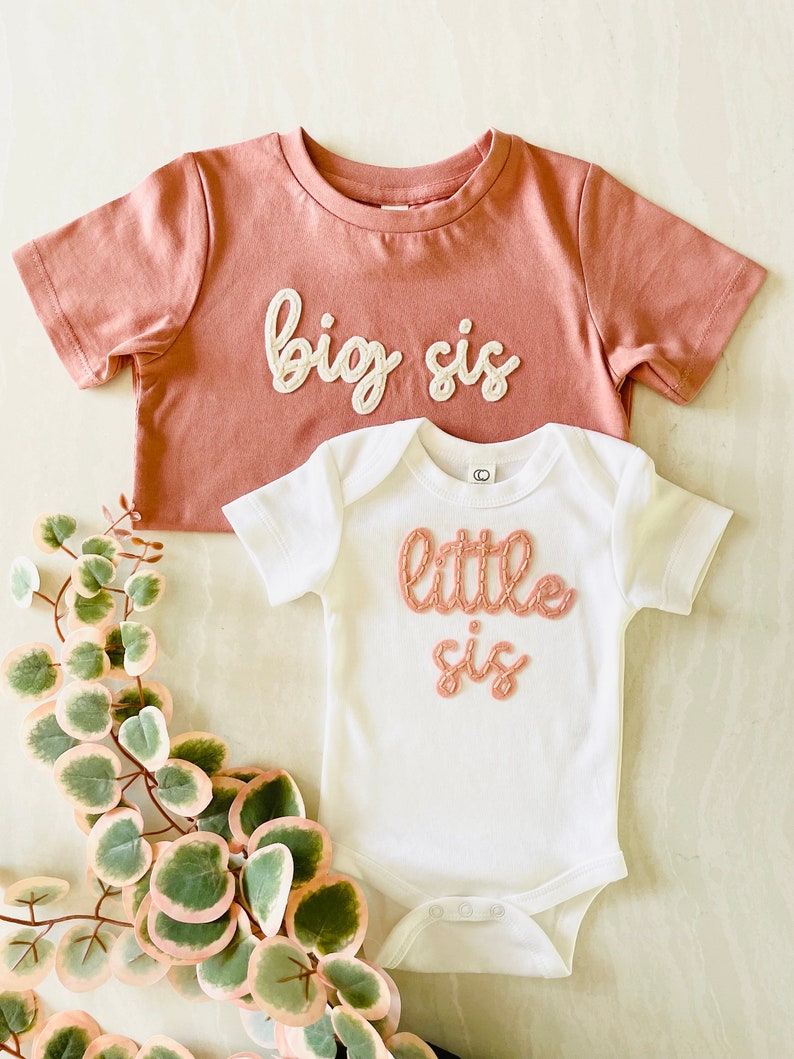 SIBLING MATCHING OUTFIT Big Bro Tee Little Bro Onesie® Hand Embroidered Personalized Sibling Shirts Baby Announcement image 3