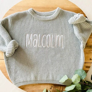 PERSONALIZED EMBROIDERED SWEATER Custom Baby Name Sweater Oversized Chunky Kids Sweatshirt Baby Announcement Baby Shower Gift image 3