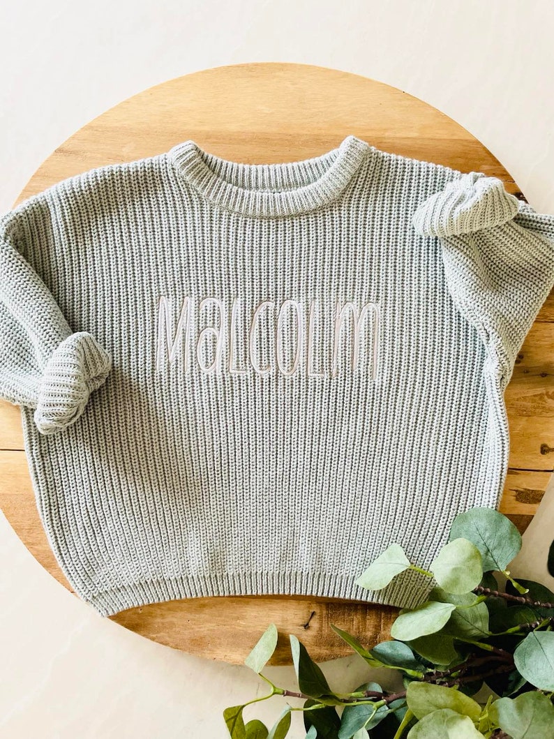 PERSONALIZED EMBROIDERED SWEATER Custom Baby Name Sweater Oversized Chunky Kids Sweatshirt Baby Announcement Baby Shower Gift image 3