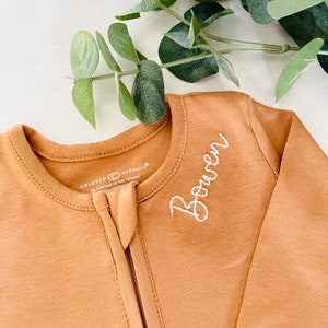 PERSONALIZED HAND EMBROIDERED Baby Footed Sleeper Gift Colored Organics® Infant Zipper Romper New Baby Pajamas Baby Shower Gift image 2