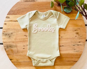 BABY NAME ONESIE® Custom Hand Embroidered Felt Name Short Sleeve Onesie®, Personalized Baby & Toddler Name Bodysuit Onesie®, Organic Cotton