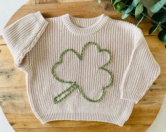 TODDLER ST PATRICKS Day Sweater - Custom Hand Stitched Shamrock Sweater - Oversized Chunky Baby/Kids Knit Sweater - Embroidered Clover Knit