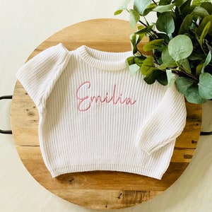 PERSONALIZED EMBROIDERED SWEATER Custom Baby Name Sweater Oversized Chunky Kids Sweatshirt Baby Announcement Baby Shower Gift image 1