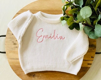 PERSONALIZED EMBROIDERED SWEATER - Custom Baby Name Sweater - Oversized Chunky Kids Sweatshirt -  Baby Announcement - Baby Shower Gift