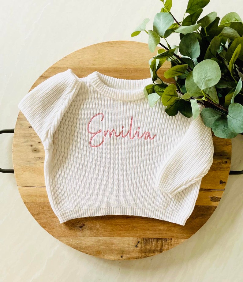 PERSONALIZED EMBROIDERED SWEATER Custom Baby Name Sweater Oversized Chunky Kids Sweatshirt Baby Announcement Baby Shower Gift image 1