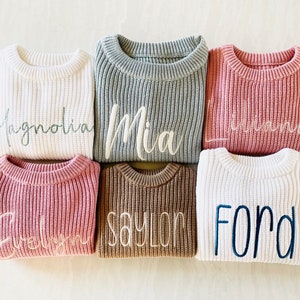 PERSONALIZED EMBROIDERED SWEATER Custom Baby Name Sweater Oversized Chunky Kids Sweatshirt Baby Announcement Baby Shower Gift image 4