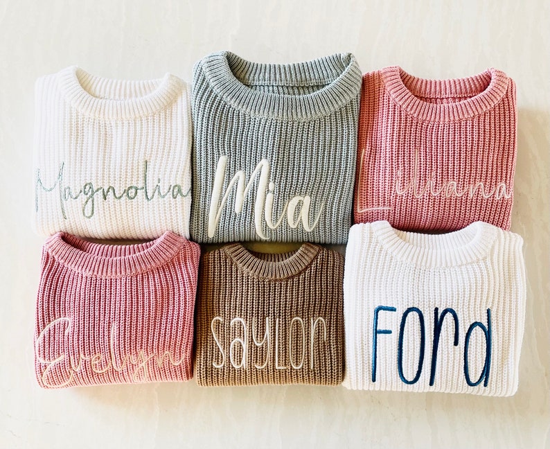 PERSONALIZED EMBROIDERED SWEATER Custom Baby Name Sweater Oversized Chunky Kids Sweatshirt Baby Announcement Baby Shower Gift image 4